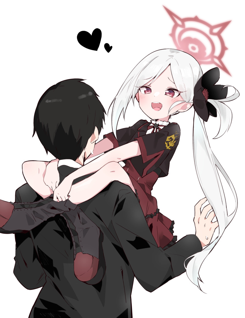 1boy, 1girl, :d, absurdres, arms_around_neck, black_flower, black_hair, black_jacket, blue_archive, boots, commentary_request, flower, formal_clothes, hair_flower, hair_ornament, halo, heart, high-waist_skirt, highres, hug, jacket, leg_lock, long_hair, mutsuki_(blue_archive), ooyama_imo, open_mouth, parted_bangs, red_eyes, red_skirt, sensei_(blue_archive), shirt, short_sleeves, side_ponytail, skirt, smile, suit, very_long_hair, white_hair, white_shirt