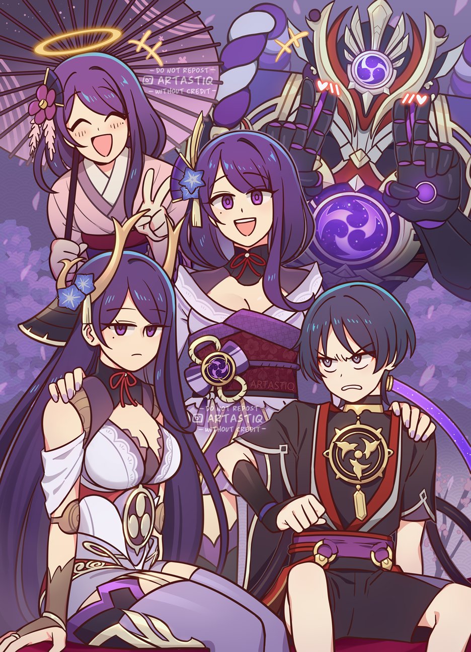 +++, 1boy, 3girls, ^_^, armor, artastiq, breasts, cleavage