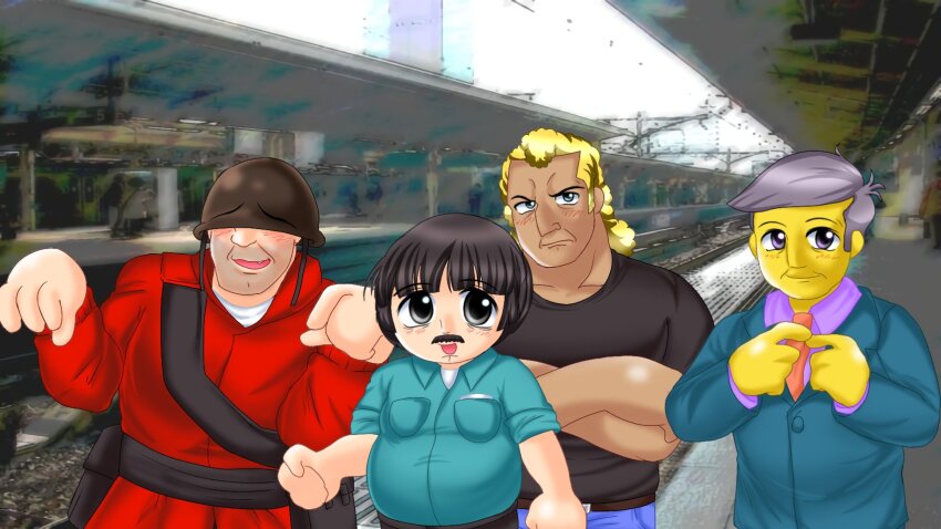 4boys, animification, black_eyes, black_hair, blonde_hair, blue_eyes, blunt_bangs, brock_samson