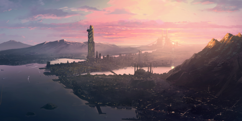 absurdres, bird, boat, city, cityscape, cloud, commentary_request, dawn