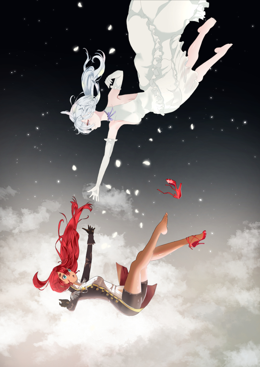 2girls, absurdres, ahoge, alternate_costume, barefoot, cloud, dark-skinned_female, dark_skin