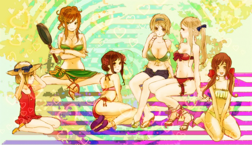 6+girls, axis_powers_hetalia, belarus_(hetalia), bikini, blonde_hair, blue_eyes, brown_eyes, brown_hair, frying_pan, hairband, hat, hungary_(hetalia), liechtenstein_(hetalia), long_hair, multiple_girls, ponytail, sarasara, seychelles_(hetalia), short_hair, smile, swimsuit, taiwan_(hetalia), twintails, ukraine_(hetalia)