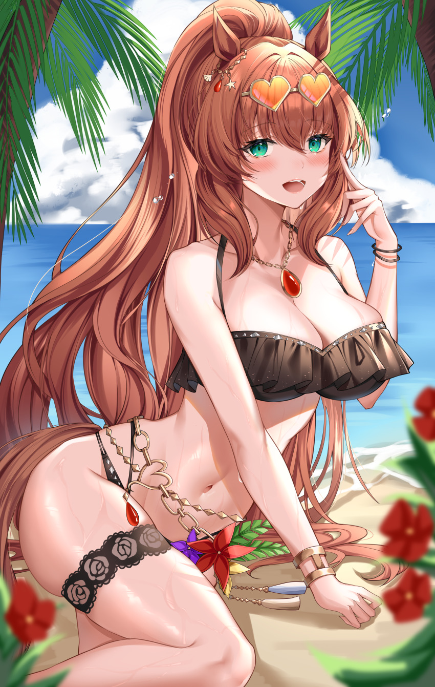 1girl, :d, absurdres, animal_ears, bare_arms, bare_shoulders, belly_chain, blue_sky