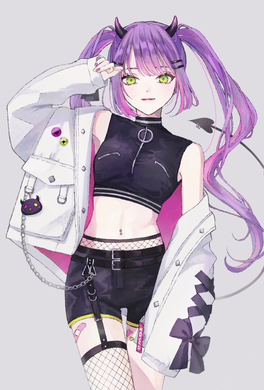 1girl, alternate_costume, bandaid_on_thigh, belt, bibi_(tokoyami_towa), black_belt, black_shirt, black_shorts, breasts, chain, closed_mouth, commentary, cowboy_shot, crop_top, cropped_shirt, demon_horns, demon_tail, fishnet_thighhighs, fishnets, fyuu-ka, green_eyes, green_nails, grey_background, hair_ornament, hairclip, heart, heart_tattoo, highres, hololive, horns, jacket, leg_tattoo, light_smile, long_hair, long_sleeves, looking_at_viewer, medium_breasts, multicolored_hair, multicolored_nails, multiple_belts, nail_polish, navel, navel_piercing, off_shoulder, open_clothes, open_jacket, piercing, pink_hair, purple_hair, purple_nails, shirt, short_shorts, shorts, simple_background, single_thighhigh, sleeveless, sleeveless_shirt, sleeves_past_wrists, solo, standing, stomach, untranslatable_commentary, tail, tail_ornament, tail_piercing, tattoo, thighhighs, tokoyami_towa, twintails, two-sided_fabric, two-sided_jacket, two-tone_hair, virtual_youtuber, white_jacket