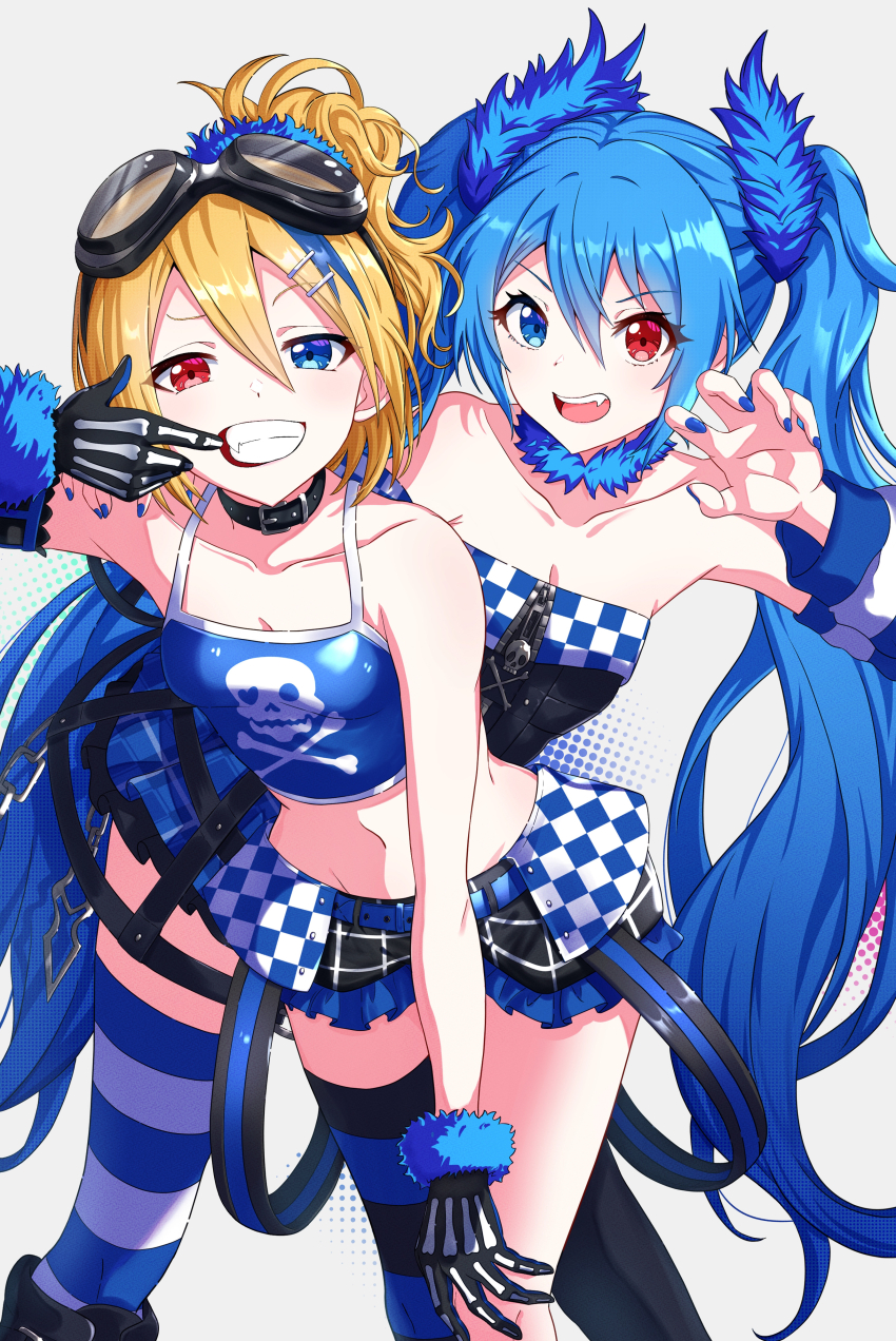 2girls, absurdres, alternate_costume, alternate_eye_color, alternate_hair_color, asymmetrical_legwear, blue_eyes, blue_hair