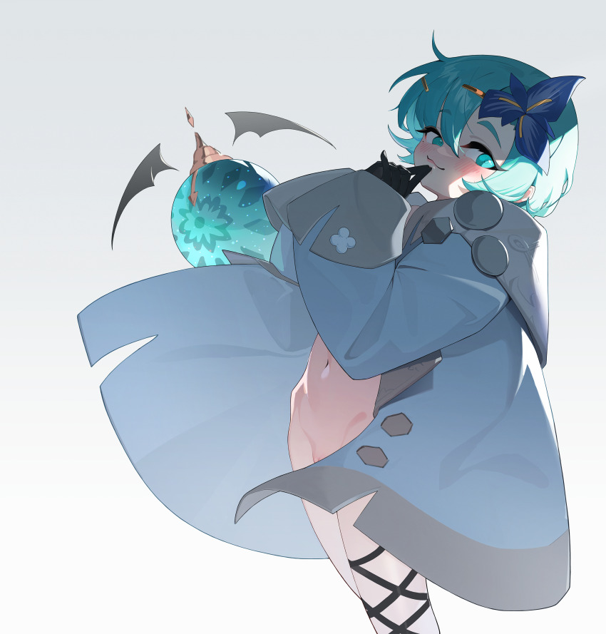 1girl, absurdres, blue_jacket, convenient_censoring, electricline, green_eyes, green_hair, groin