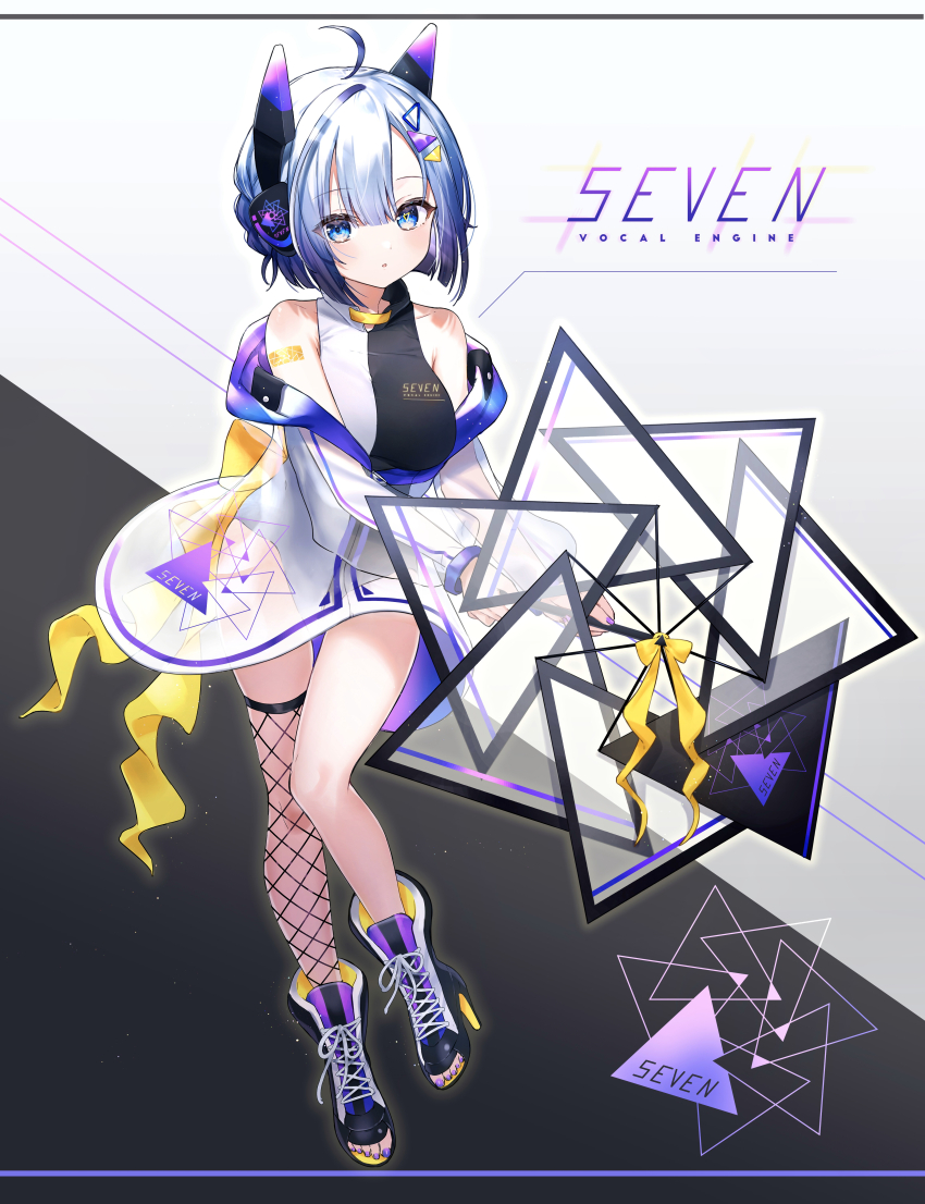 1girl, absurdres, ahoge, back_bow, blue_eyes, blush, boots, bow, breasts, character_name, collared_leotard, commentary, full_body, hair_between_eyes, hair_ornament, hairclip, headphones, high_heel_boots, high_heels, highres, holding, holding_umbrella, jacket, large_breasts, logo, looking_at_viewer, medium_breasts, multicolored_hair, nail_polish, nekoyashiki_pushio, neutrino_(software), no._7_(neutrino), official_art, open-toe_boots, open_clothes, parted_lips, purple_nails, see-through_clothes, see-through_jacket, shoelaces, shoulder_tattoo, single_fishnet_legwear, solo, tattoo, toenail_polish, toenails, umbrella, yellow_bow