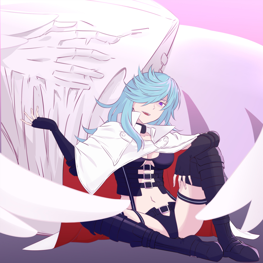 1girl, angel_dragon_(toaru), angel_wings, black_shorts, blue_hair, bondage_outfit, boots, breasts, cape, dragon, fantasy, fingerless_gloves, giant, giant_monster, gloves, hair_over_one_eye, highres, jack-barro, light_blue_hair, long_hair, medium_breasts, pink_background, purple_eyes, shorts, shundan_kimi, simple_background, spoilers, thigh_boots, toaru_kagaku_no_railgun, toaru_kagaku_no_railgun_f, toaru_majutsu_no_index, wavy_hair, white_cape, wings