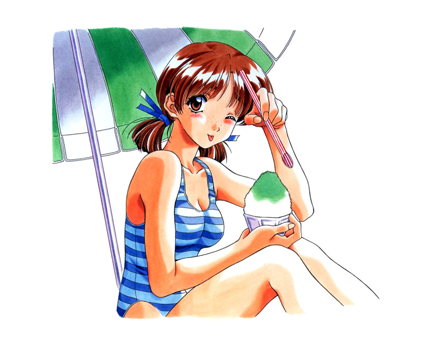 beach_umbrella, blue_one-piece_swimsuit, blush, breasts, brown_eyes, brown_hair, cleavage, dessert