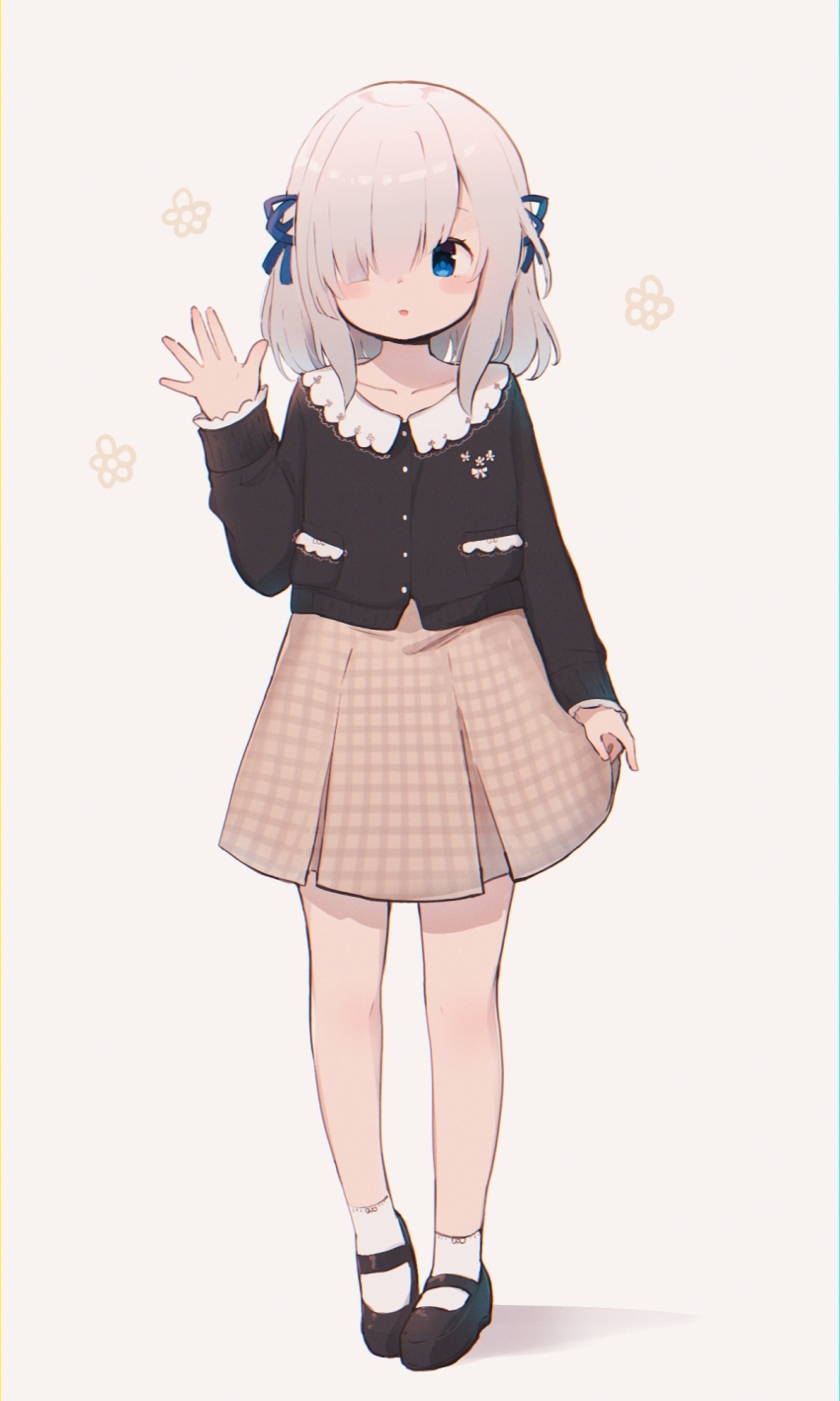 1girl, ankle_socks, arm_at_side, black_shoes, blue_eyes, blue_ribbon, blush, brown_cardigan, brown_skirt, cardigan, collared_cardigan, flower, full_body, grey_hair, hair_over_one_eye, hair_ribbon, hand_up, heel_up, highres, isuzu_ren, isuzu_ren_(casual_costume), kashi_neko, long_bangs, long_sleeves, magia_record:_mahou_shoujo_madoka_magica_gaiden, mahou_shoujo_madoka_magica, mary_janes, medium_hair, miniskirt, official_alternate_costume, one_eye_covered, parted_lips, plaid_clothes, plaid_skirt, pocket, ribbon, shoes, sidelocks, simple_background, skirt, socks, solo, tress_ribbon, white_background, white_socks