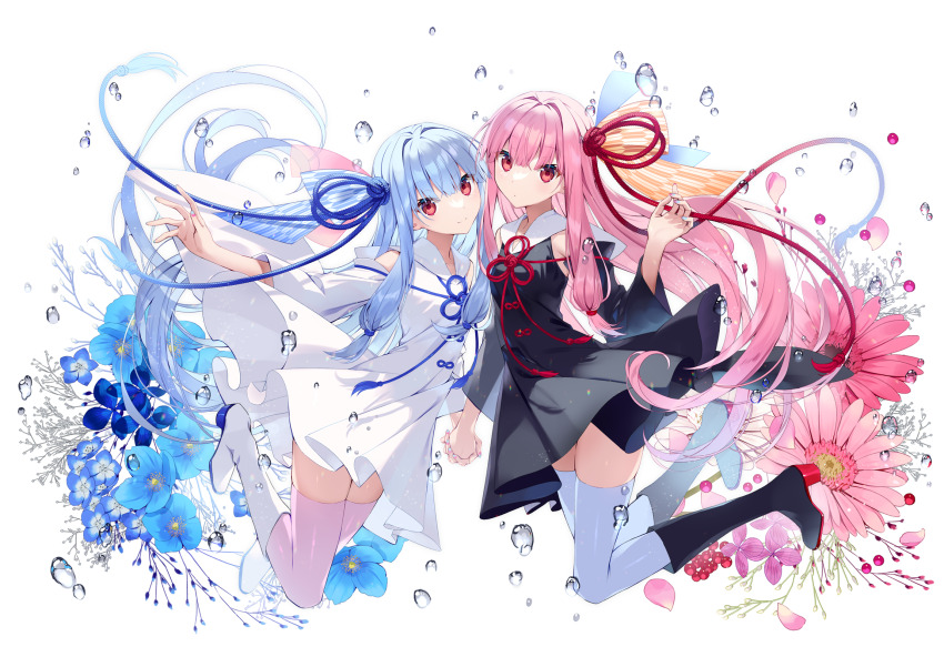 2girls, black_dress, black_footwear, blue_flower, blue_hair, blue_ribbon, boots, closed_mouth