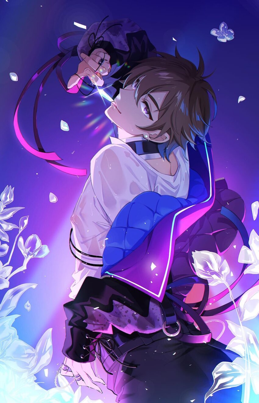 1boy, :p, bishounen, brown_eyes, brown_hair, dt.calico, earrings, eiden_(live2023)_(nu_carnival)