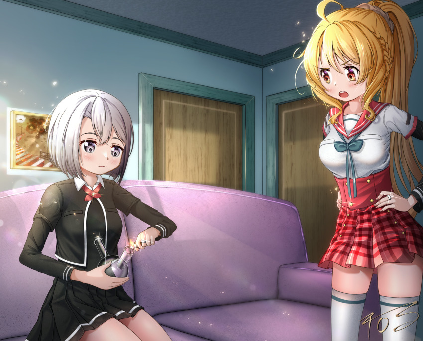 2_ru, 2girls, :o, angry, artist_name, bow, breasts, buttons