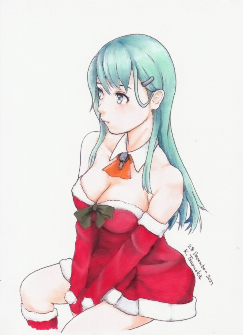 1girl, aqua_eyes, aqua_hair, ascot, boots, breasts, cleavage, commentary_request, detached_collar, detached_sleeves, dress, fur-trimmed_boots, fur-trimmed_dress, fur_trim, hair_ornament, hairclip, highres, kantai_collection, kaz_tsuruoka, large_breasts, long_hair, medium_breasts, official_alternate_costume, orange_ascot, red_boots, red_dress, sitting, solo, suzuya_(kancolle)