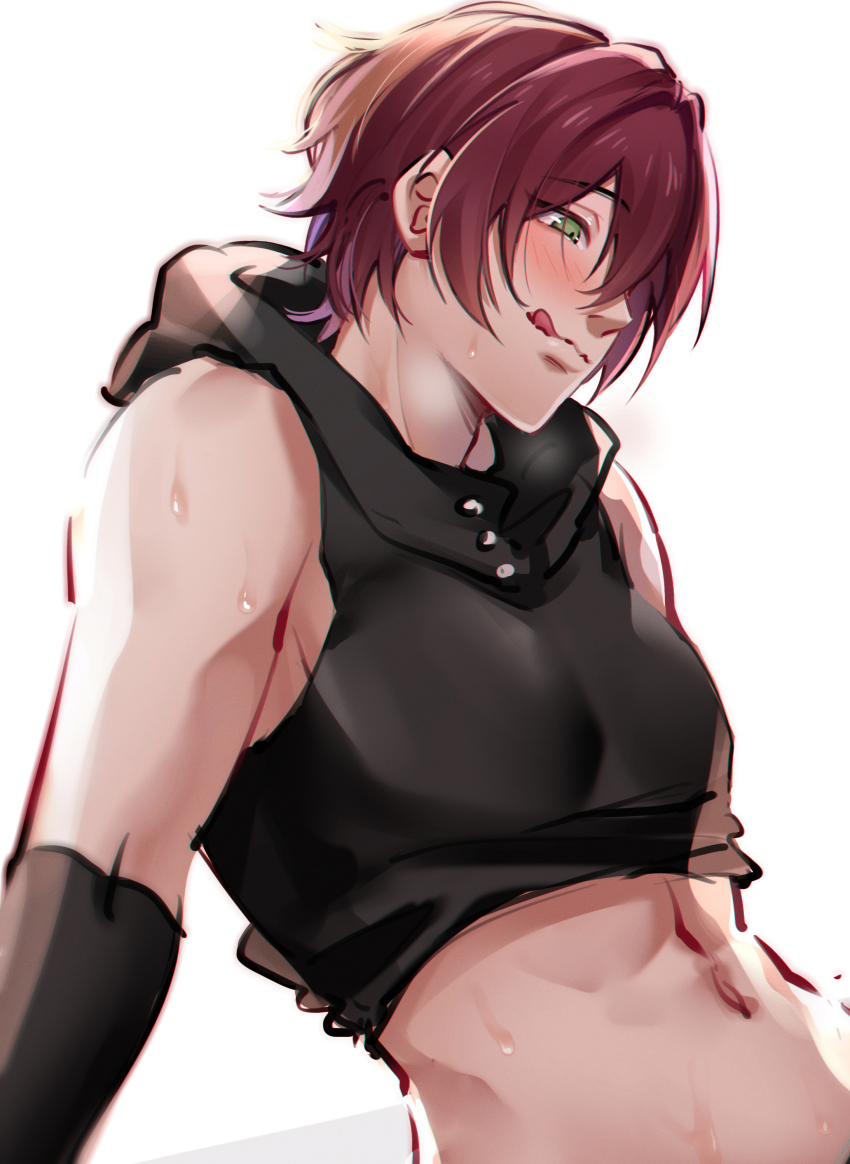 1boy, :p, abs, absurdres, alec_(isekai_trip), blush, dt.calico, green_eyes, highres, isekai_trip_saki_de_tasukete_kureta_no_wa_hitogoroshi_no_shounen_deshita, looking_to_the_side, male_focus, marking_on_cheek, navel, red_hair, short_hair, sweatdrop, tongue, tongue_out