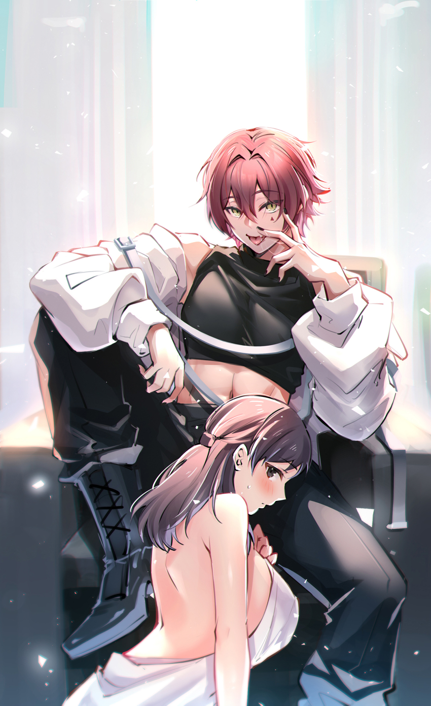 1boy, 1girl, absurdres, alec_(isekai_trip), andou_megumi, black_nails, breasts, brown_eyes