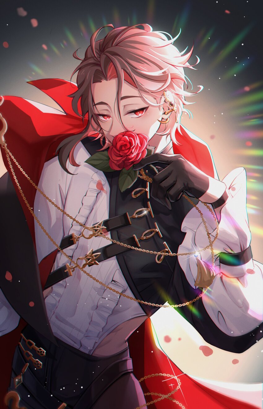 1boy, absurdres, black_gloves, brown_hair, colored_inner_hair, dt.calico, ear_piercing, flower