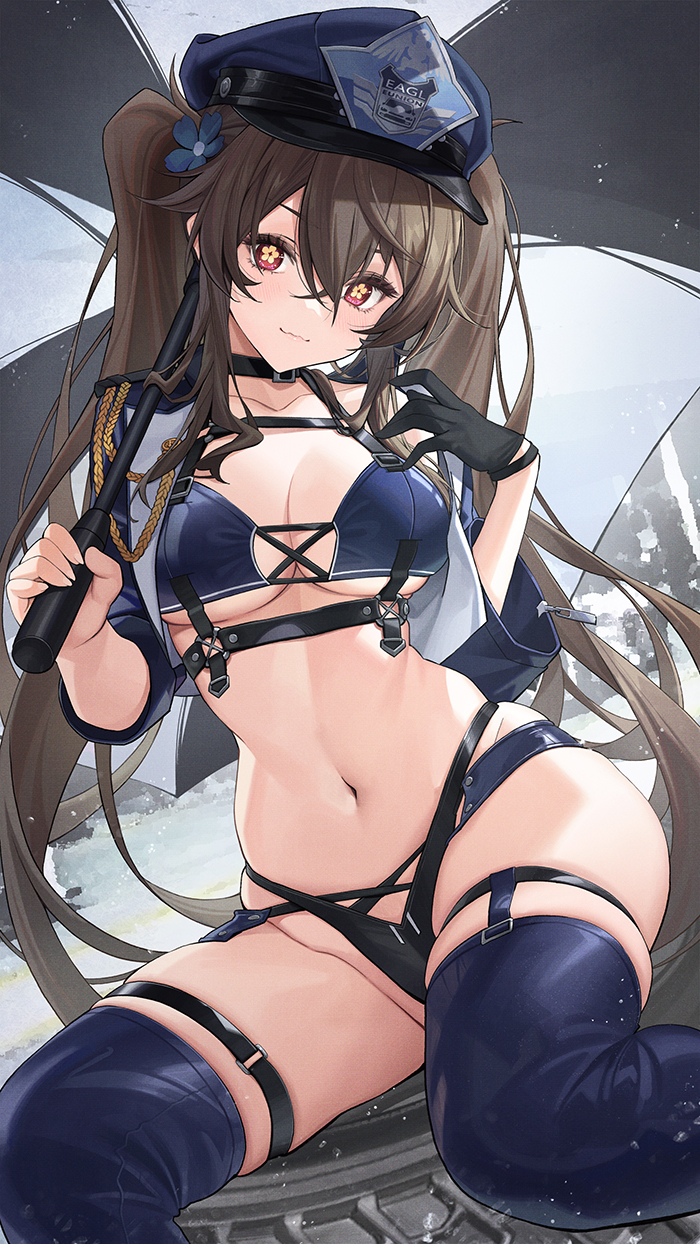 1girl, alternate_costume, azur_lane, baltimore_(azur_lane), baltimore_(azur_lane)_(cosplay), baltimore_(finish_line_flagbearer)_(azur_lane), bikini, black_bikini, black_choker, black_gloves, blue_bikini, blue_flower, blue_hat, blue_jacket, blue_shorts, blue_thighhighs, breasts, brown_hair, catsmoon, chest_harness, choker, cleavage, closed_mouth, commentary_request, cosplay, cropped_jacket, cross-laced_clothes, crossed_bangs, detached_sleeves, flower, flower-shaped_pupils, genshin_impact, gloves, hair_between_eyes, hair_flower, hair_ornament, hands_up, harness, hat, head_tilt, highleg, highleg_bikini, highres, holding, hu_tao_(genshin_impact), jacket, linea_alba, long_hair, looking_at_viewer, medium_breasts, micro_shorts, mismatched_bikini, navel, peaked_cap, race_queen, red_eyes, shorts, single_glove, sitting, skindentation, smile, solo, stomach, swimsuit, symbol-shaped_pupils, thigh_strap, thighhighs, thighs, twintails, very_long_hair, wavy_mouth, wide_sleeves