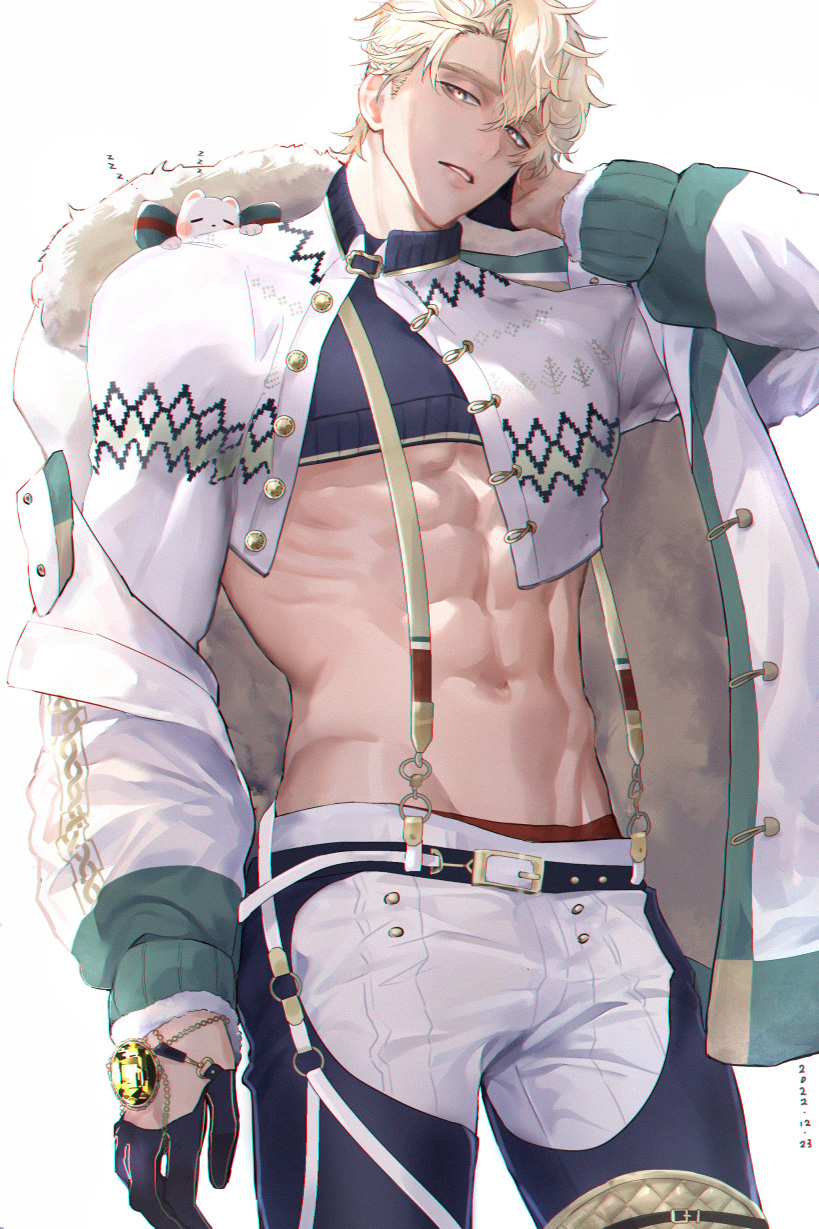 1boy, abs, bags_under_eyes, black_gloves, blonde_hair, ermine, ferret, fur_trim