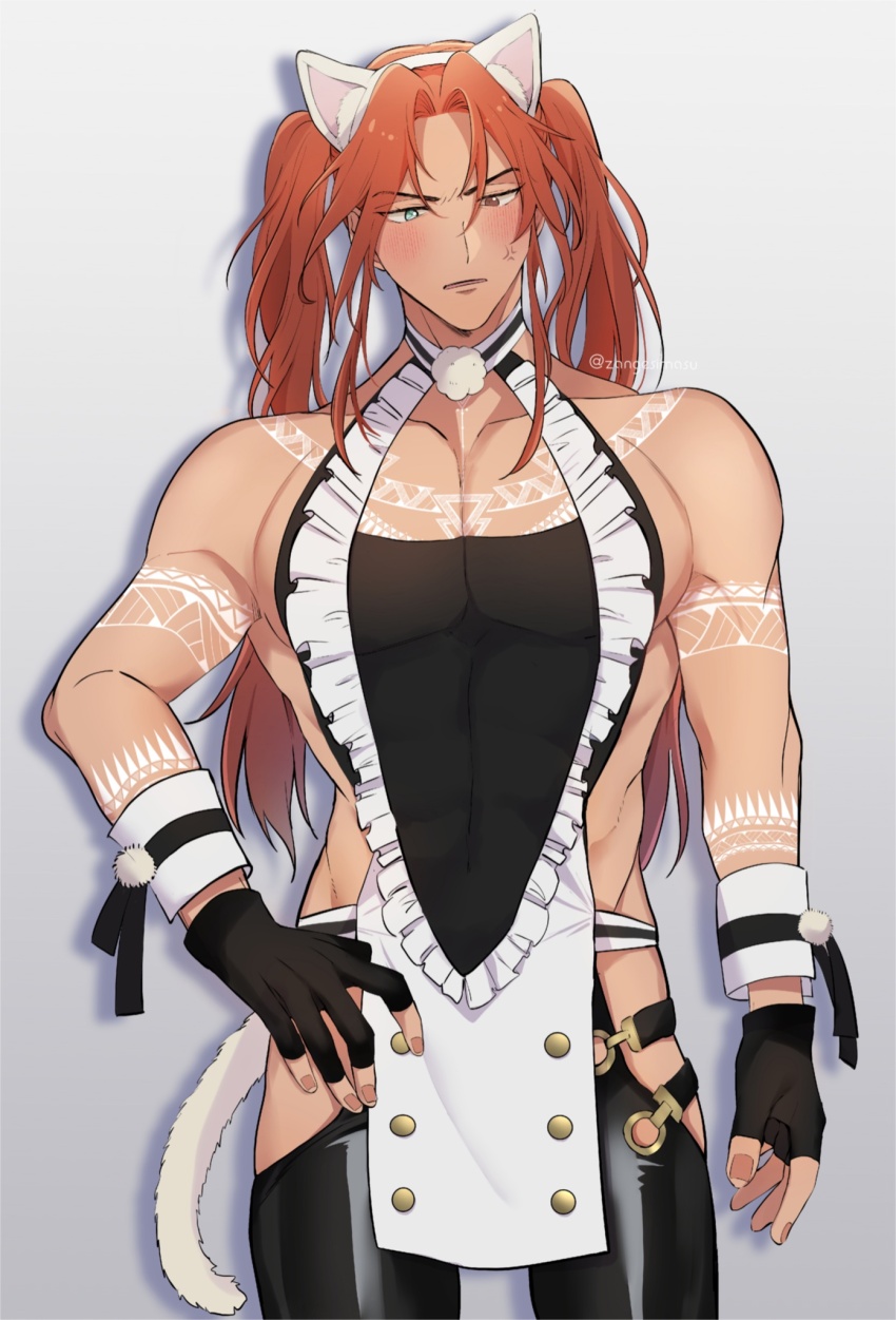 1boy, anger_vein, animal_ears, apron, black_gloves, blush, bodypaint, brown_eyes, cat_ears, dante_(nu_carnival), dark-skinned_male, dark_skin, fake_animal_ears, gem, gloves, hand_on_own_hip, highres, looking_at_viewer, maid_apron, male_focus, nu_carnival, wrist_cuffs, zangesimasu
