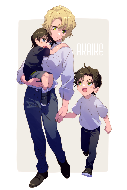 1girl, 2boys, aged_down, akai_shuuichi, black_hair, blonde_hair, blush, brothers, casual, denim, echo_(circa), full_body, green_eyes, haneda_shuukichi, holding_hands, jeans, mary_sera, meitantei_conan, mother_and_child, mother_and_son, multiple_boys, pants, parent_and_child, purple_shirt, shirt, short_hair, siblings, walking