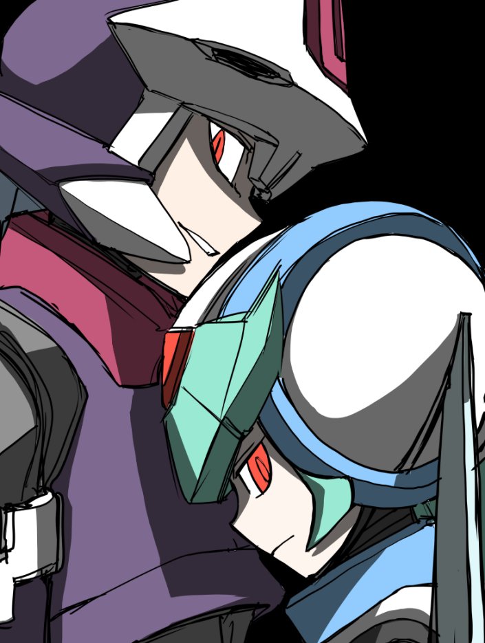 1boy, 1girl, android, armor, blue_hair, crop_top, from_side, green_hair, helmet, koukihakudou, looking_at_viewer, mega_man_(series), mega_man_x_(series), mega_man_x_dive, mega_man_zx, pandora_(mega_man), prometheus_(mega_man), red_eyes, robot_girl, tagme