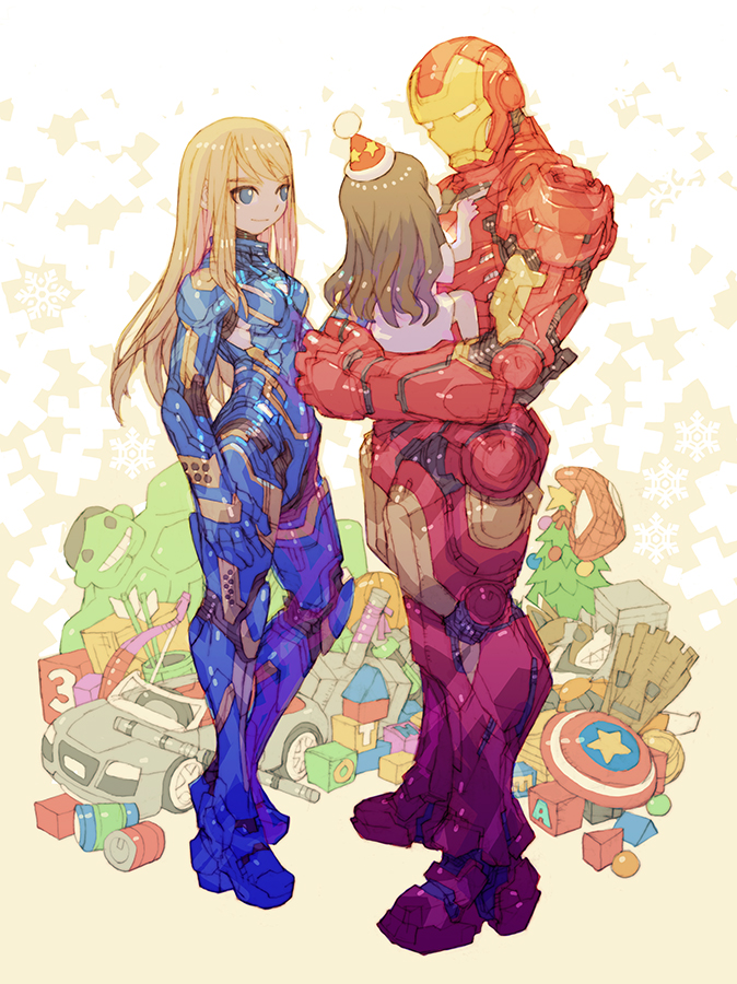 1boy, 2girls, alien, animification, arc_reactor, armor, arrow_(projectile), avengers:_endgame, avengers_(series), blonde_hair, blue_bodysuit, blue_eyes, bodysuit, box, breasts, brown_hair, cake, car, character_doll, child, christmas, christmas_tree, crossover, doll, family, father_and_child, father_and_daughter, food, full_body, gift, groot, hat, helmet, hulk, iron_man, long_hair, looking_at_viewer, marvel, medium_breasts, mjolnir_(marvel), morgan_stark, mother_and_child, mother_and_daughter, motor_vehicle, multiple_girls, mushroom, nakayama_tooru, parent_and_child, party_hat, pepper_potts, power_armor, red_headwear, rescue_(iron_man), rocket_raccoon, santa_hat, science_fiction, shield, simple_background, small_breasts, smile, spider-man, spider-man_(original_suit), standing, star_(symbol), toy, unworn_headwear, weapon, white_background