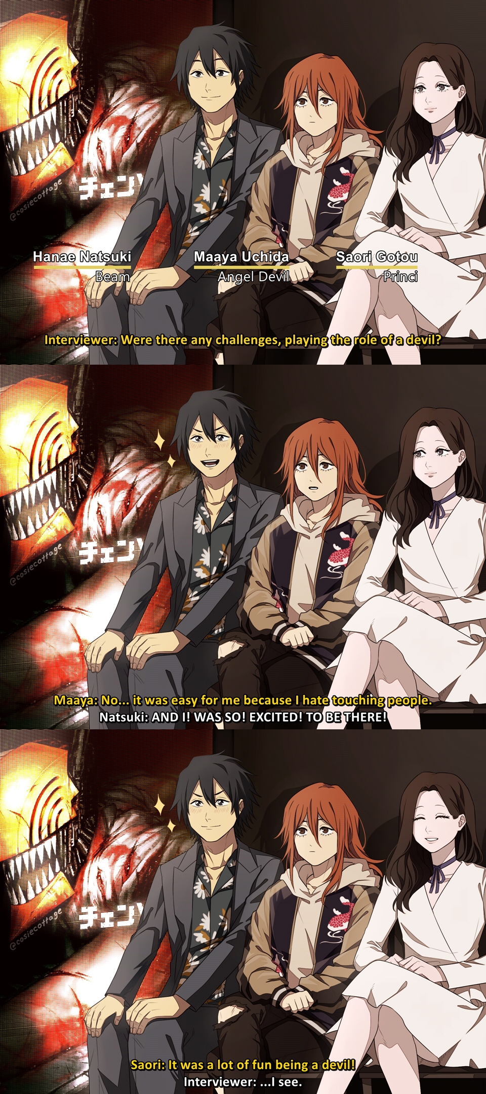 1girl, 2boys, 3koma, angel_devil_(chainsaw_man), beam_(chainsaw_man), black_hair, blood, blood_on_clothes