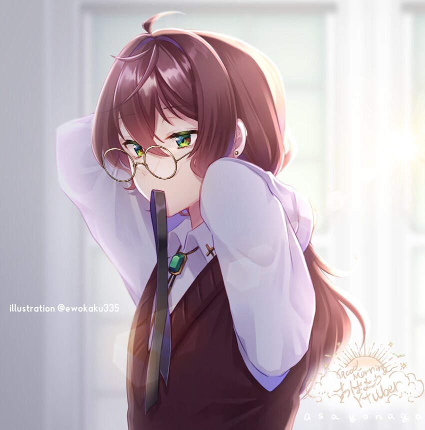 1boy, ahoge, albert_parker, arms_behind_head, black_ribbon, blurry, blurry_background, bolo_tie, brown_hair, brown_sweater_vest, collared_shirt, curtains, earrings, ewokaku335, green_eyes, hair_between_eyes, highres, indie_virtual_youtuber, jewelry, long_hair, looking_at_viewer, male_focus, mouth_hold, ribbon, ribbon_in_mouth, round_eyewear, second-party_source, shirt, solo, stud_earrings, sweater_vest, twitter_username, tying_hair, upper_body, virtual_youtuber, white_shirt, yellow-framed_eyewear