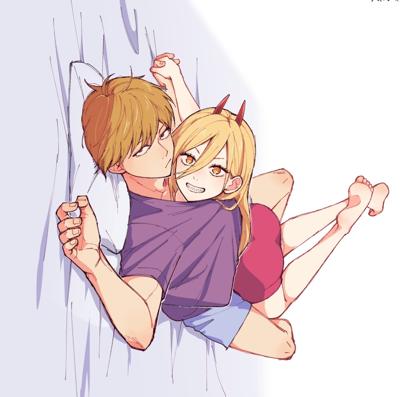 1boy, 1girl, absurdres, barefoot, blonde_hair, chainsaw_man, cross-shaped_pupils, demon_horns, denji_(chainsaw_man), feet, highres, holding_hands, horns, junjonta, legs, legs_up, looking_at_viewer, lying, on_back, power_(chainsaw_man), red_horns, shared_shirt, sharp_teeth, short_shorts, shorts, smile, soles, symbol-shaped_pupils, teeth, toes, yellow_eyes