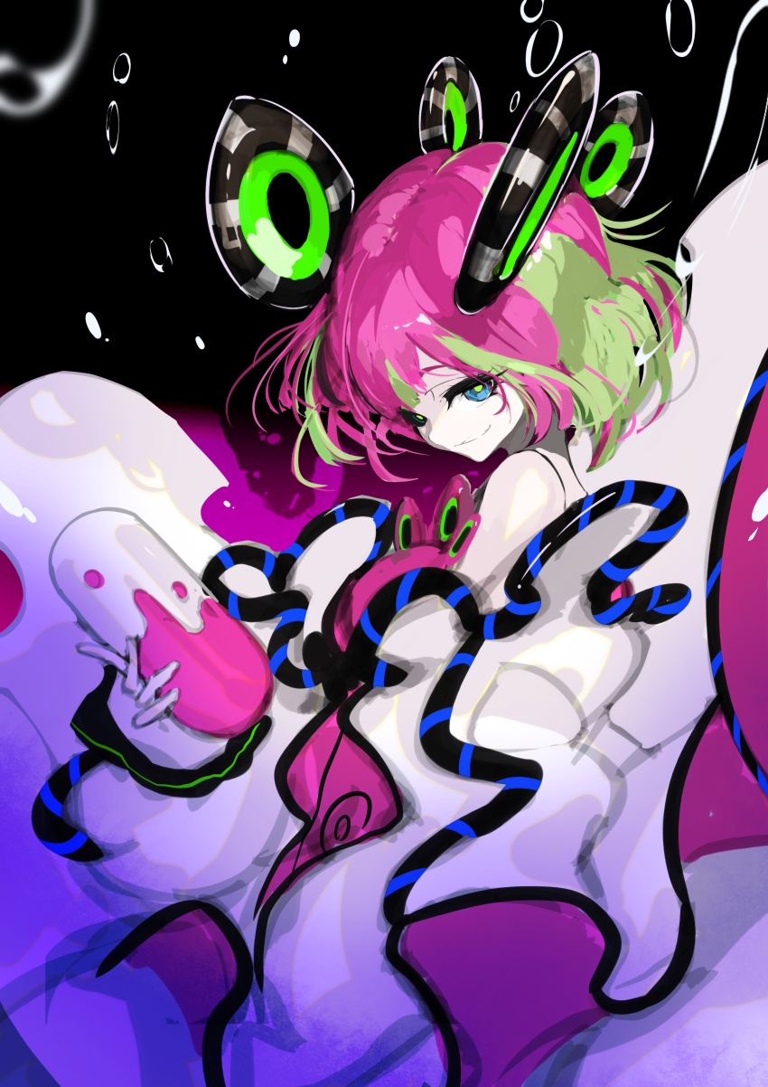 1girl, absurdres, artist_request, avaritia_(magicami), grin, hair_ornament, highres, holding