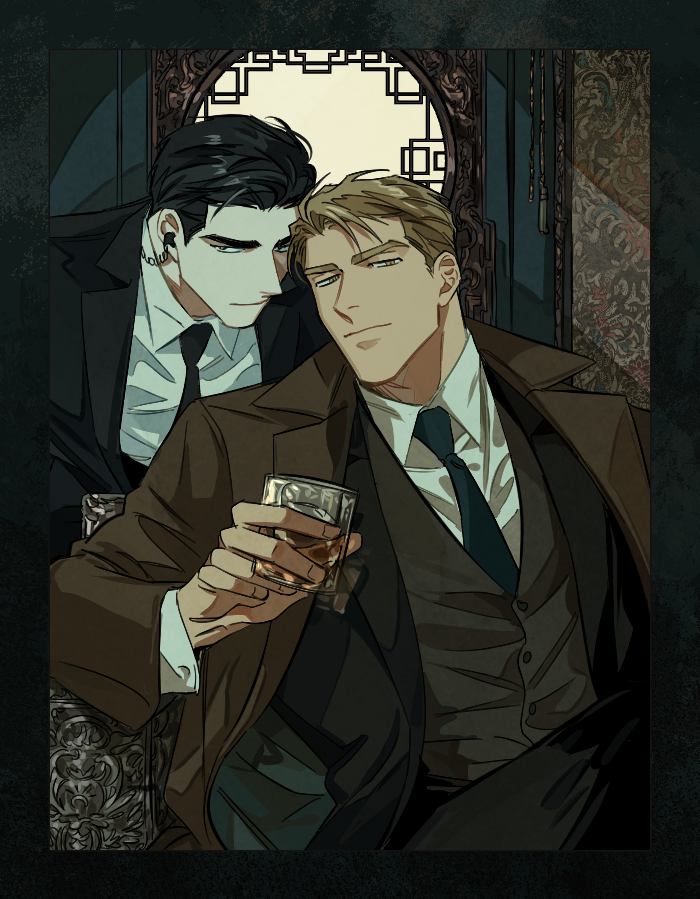 2boys, black_coat, black_eyes, black_hair, black_necktie, blonde_hair, brown_coat, coat