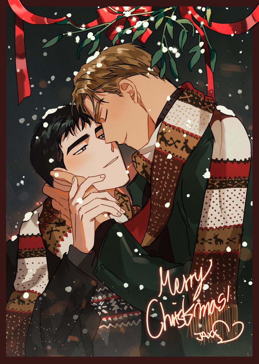 2boys, black_hair, black_jacket, blonde_hair, closed_eyes, ed_talbot, glenn_mcqueen, green_jacket, head_grab, jacket, jaxx_s2, korean_commentary, merry_christmas, mistletoe, multiple_boys, open_mouth, scarf, signature, smile, snow, snowing, walk_on_water, yaoi