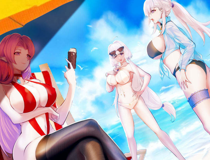 3girls, alternate_costume, arm_under_breasts, ass, azur_lane, beach, belfast_(azur_lane), bikini