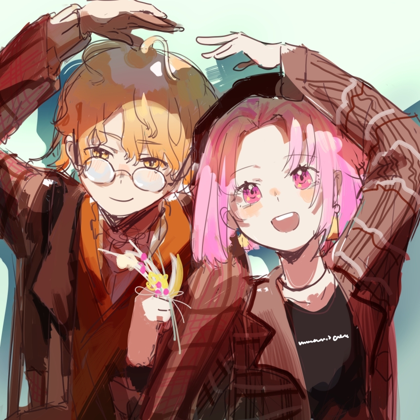 1boy, 1girl, akita_124709, blonde_hair, closed_mouth, glasses, hand_up, highres, long_sleeves, ootori_emu, open_mouth, orange_eyes, orange_hair, pink_eyes, pink_hair, project_sekai, short_hair, teeth, tenma_tsukasa, upper_teeth_only, wavy_hair, wonderlands_x_showtime_(project_sekai)