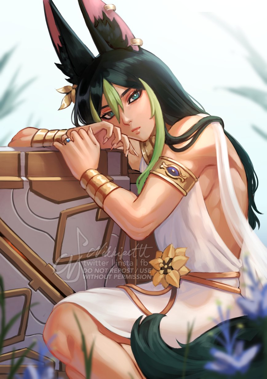 1boy, alternate_hair_length, alternate_hairstyle, animal_ear_fluff, animal_ears, armlet, black_hair, blunt_ends