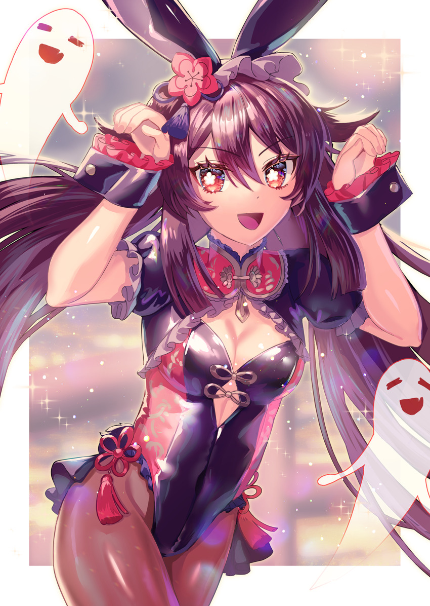 1girl, :d, animal_ears, argyle_clothes, diamond_cutout, black_hair, black_leotard, blurry