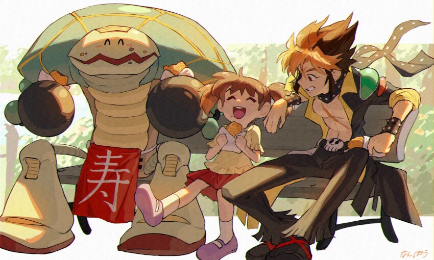 bench, bracelet, brother_and_sister, brown_hair, eating, food, happy, highres, jacket, jewelry, live_a_live, looking_at_another, multicolored_hair, nanpou_(nanpou0021), scar, scar_on_chest, scar_on_face, scar_on_forehead, scarf, shoulder_pads, siblings, sideburns, skull_belt, smile, spiked_bracelet, spikes, tadokoro_akira, tadokoro_kaori, taroimo_(live_a_live), twintails, two-tone_hair