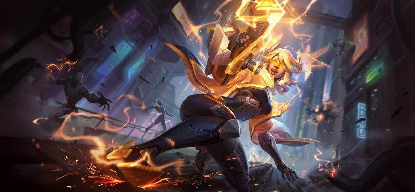 1girl, :d, absurdres, belt, black_bodysuit, blonde_hair, bodysuit, breasts, cable, city, electricity, highres, holding, holding_weapon, large_breasts, league_of_legends, long_hair, medium_hair, official_alternate_costume, official_art, open_mouth, outdoors, project:_zeri, robot, sliding, smile, solo_focus, teeth, third-party_source, tinted_eyewear, weapon, yellow-tinted_eyewear, zeri_(league_of_legends)