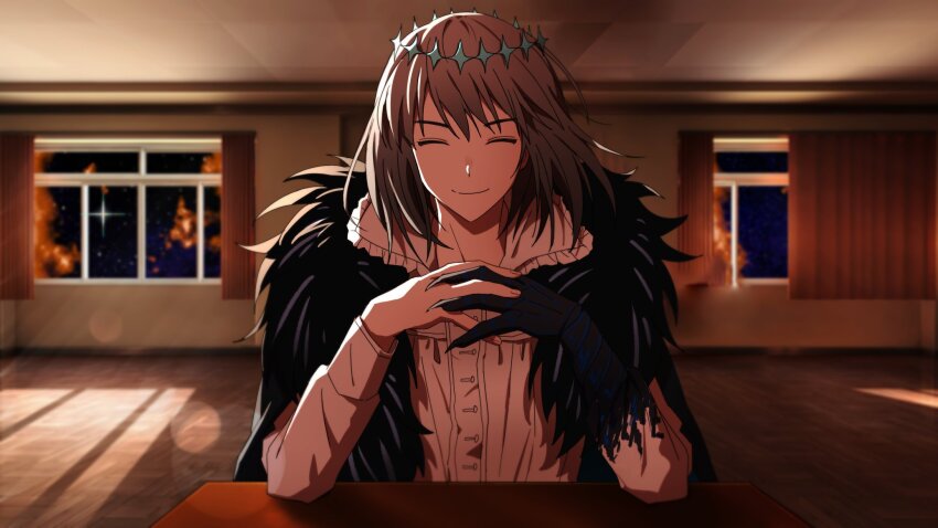 1boy, bobi, classroom, closed_eyes, crown, curtains, doki_doki_literature_club, elbows_on_table