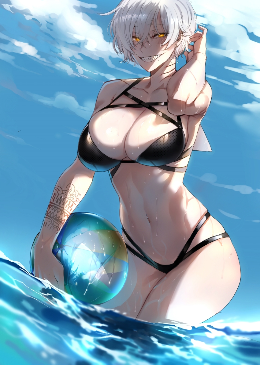 1girl, absurdres, arm_tattoo, ball, beachball, bikini, black_bikini, blush, breasts, cleavage, cloud, cloudy_sky, collarbone, day, ear_piercing, earrings, female_focus, fins, fish_tail, flippers, gills, grin, highres, holding, holding_ball, jewelry, large_breasts, looking_at_viewer, mole, mole_on_breast, mole_under_mouth, monster_girl, multi-strapped_bikini, navel, navel_piercing, ocean, original, outdoors, piercing, ratatatat74, revision, shark_girl, shark_tail, sharp_teeth, short_hair, skindentation, sky, smile, solo, stomach, sunlight, swimsuit, tail, tattoo, teeth, wading, water, wet, white_hair, yellow_eyes