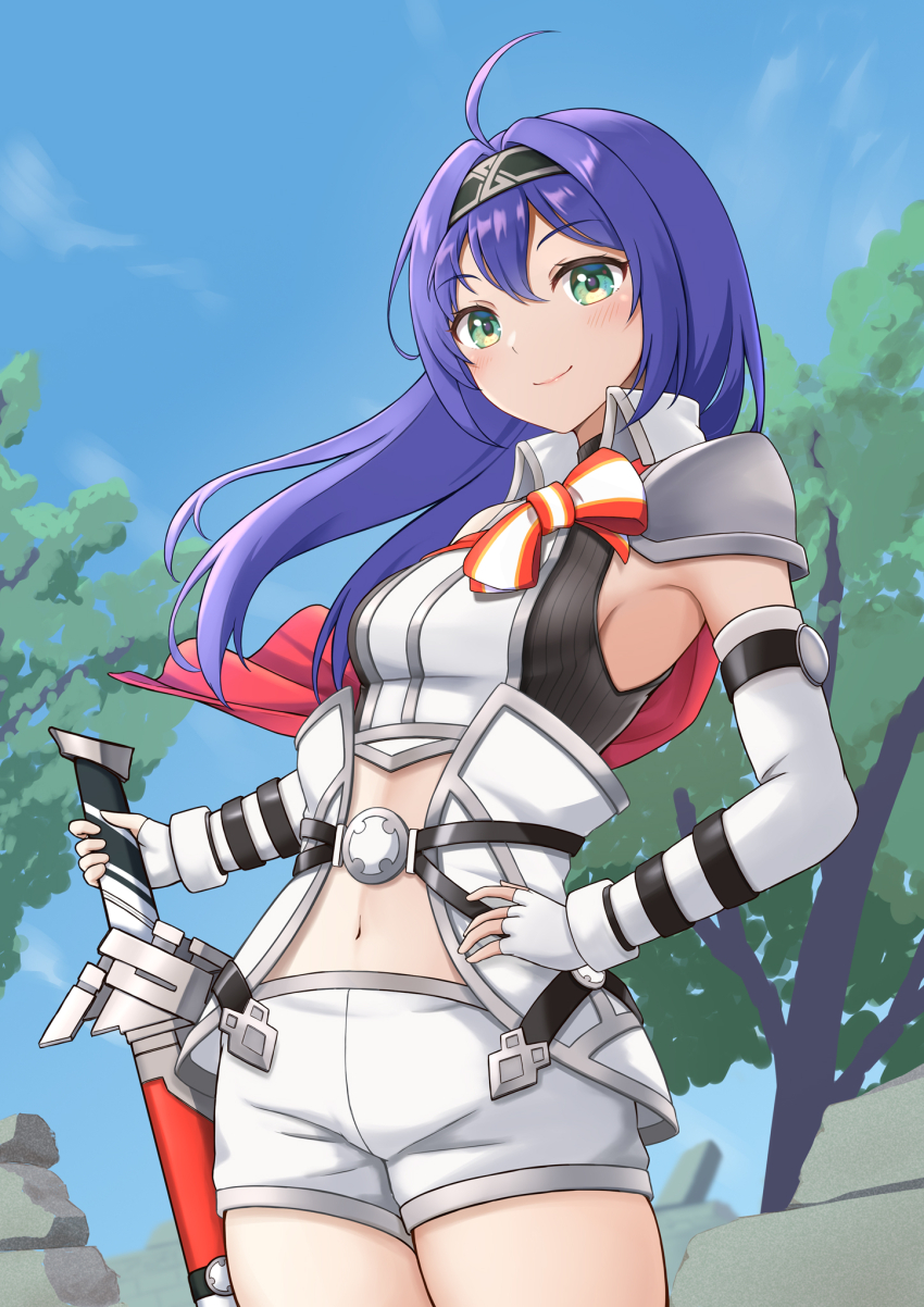 1girl, ahoge, armor, armpits, black_hairband, blue_hair, blue_sky, crop_top