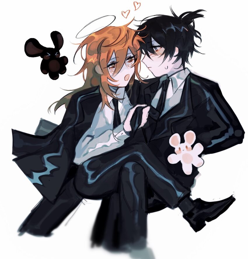 2boys, akechisu1, androgynous, angel_devil_(chainsaw_man), black_footwear, black_hair, black_jacket, black_necktie