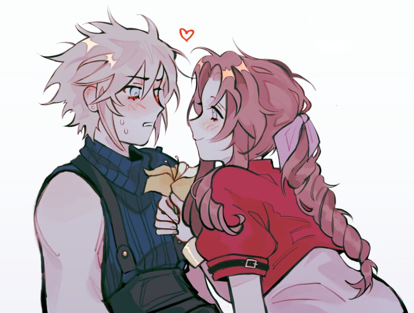 1boy, 1girl, aerith_gainsborough, akechisu1, armor, belt, blonde_hair, blue_shirt, blush, braid, braided_ponytail, brown_hair, cloud_strife, cropped_jacket, dress, final_fantasy, final_fantasy_vii, final_fantasy_vii_remake, flower, hair_between_eyes, heart, highres, holding, holding_flower, jacket, leaning_forward, lily_(flower), long_hair, looking_at_another, parted_bangs, parted_lips, pink_dress, puffy_short_sleeves, puffy_sleeves, red_jacket, shirt, short_hair, short_sleeves, shoulder_armor, sidelocks, single_bare_shoulder, sleeveless, sleeveless_turtleneck, smile, suspenders, sweatdrop, turtleneck, upper_body, white_background, yellow_flower