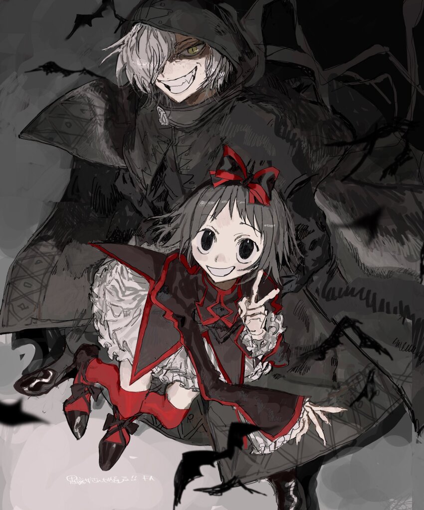 2girls, bat_(animal), black_eyes, black_hair, bow, breasts, dress, frilled_dress