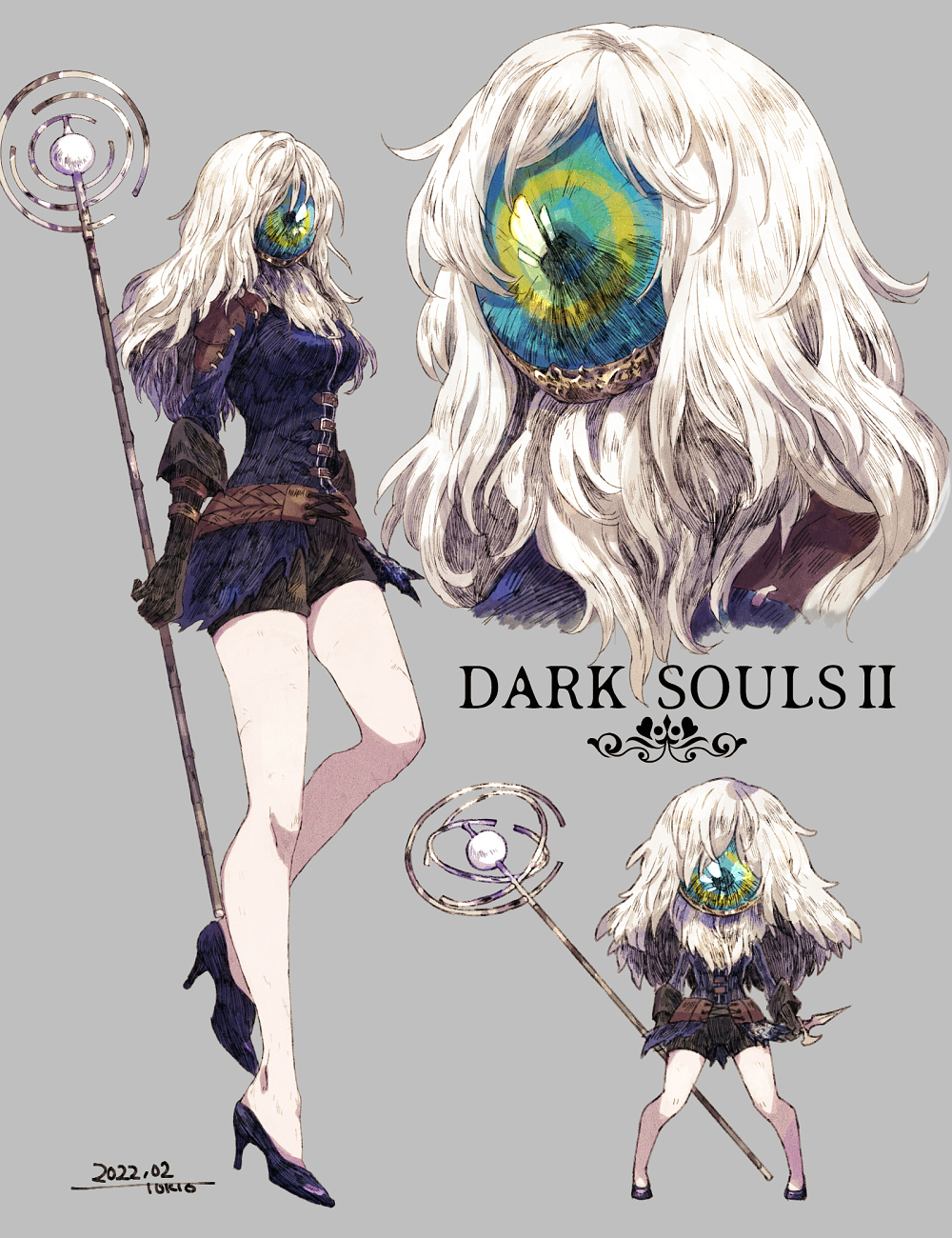 1girl, bearer_of_the_curse, black_footwear, black_shorts, blue_eyes, breasts, brown_gloves, chibi, commentary_request, cyclops, dark_souls_(series), dark_souls_ii, dated, full_body, gloves, high_heels, highres, holding, holding_staff, legs, long_hair, medium_breasts, one-eyed, purple_shirt, shirt, shorts, signature, simple_background, staff, standing, tokio_(okt0w0), white_hair