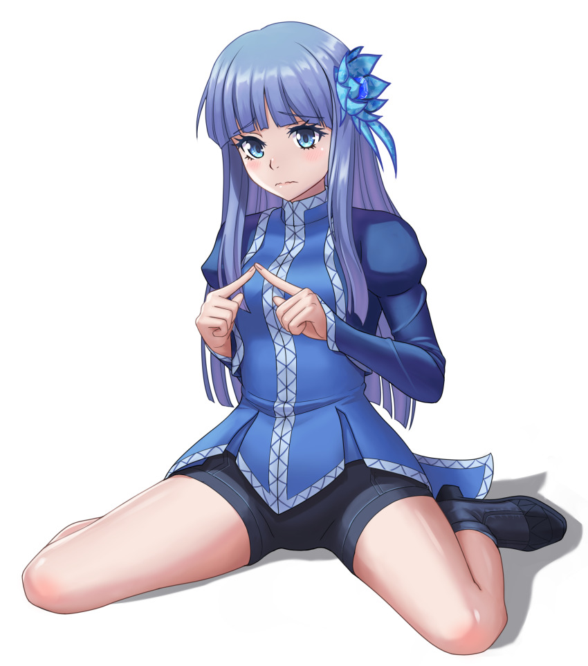 1girl, absurdres, black_shoes, black_shorts, blue_eyes, blue_flower, blue_hair, blue_shirt