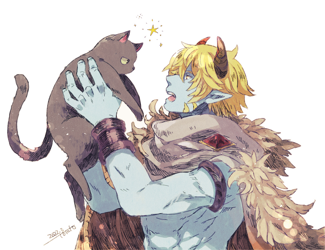 1boy, animal, another_eden, black_cat, blonde_hair, brown_cape, cape, cat