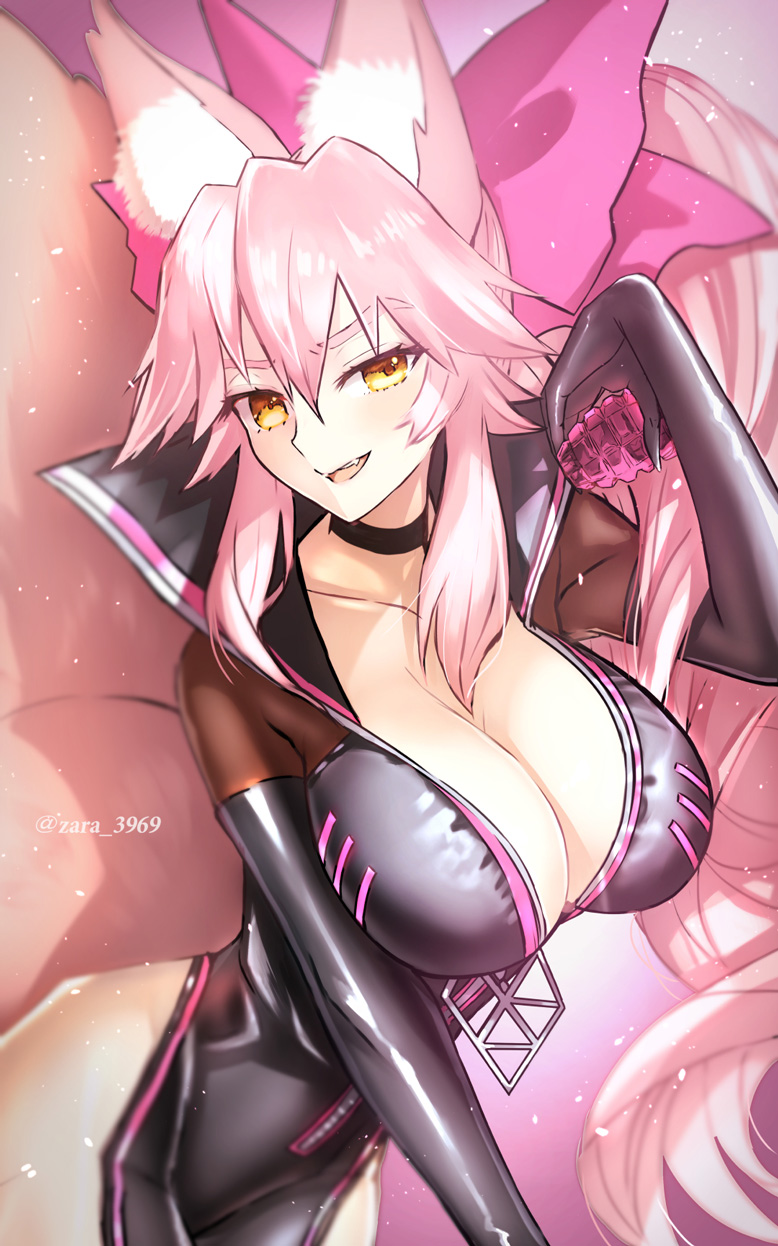 1girl, animal_ear_fluff, animal_ears, black_bodysuit, blush, bodysuit, bow, breasts, center_opening, choker, cleavage, clothing_cutout, explosive, fate/grand_order, fate_(series), fox_ears, fox_girl, fox_tail, grenade, hair_between_eyes, hair_bow, highres, hip_vent, kaji_zarame, koyanskaya_(assassin)_(first_ascension)_(fate), koyanskaya_(fate), large_breasts, long_hair, looking_at_viewer, open_mouth, pink_bow, pink_hair, ponytail, sidelocks, smile, solo, tail, thighs, yellow_eyes