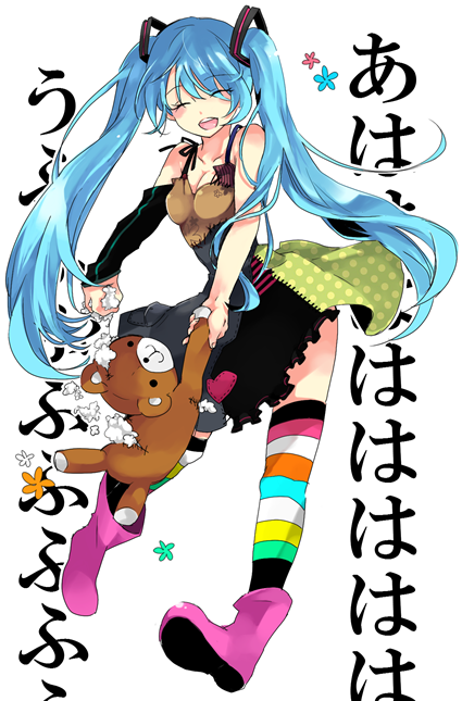 1girl, bad_id, bad_pixiv_id, blue_hair, boots, breasts, cleavage, closed_eyes, dress, female_focus, full_body, happy, hatsune_miku, laughing, long_hair, multicolored_legwear, patterned_legwear, polka_dot, psychedelic_smile_(vocaloid), simple_background, small_breasts, smile, solo, striped_clothes, striped_thighhighs, stuffed_animal, stuffed_toy, stuffing, teddy_bear, thighhighs, tsutsumi_(trmacd), twintails, vocaloid